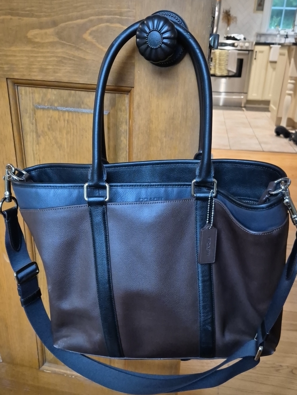 Coach Brown and Navy Leather Laptop Tote